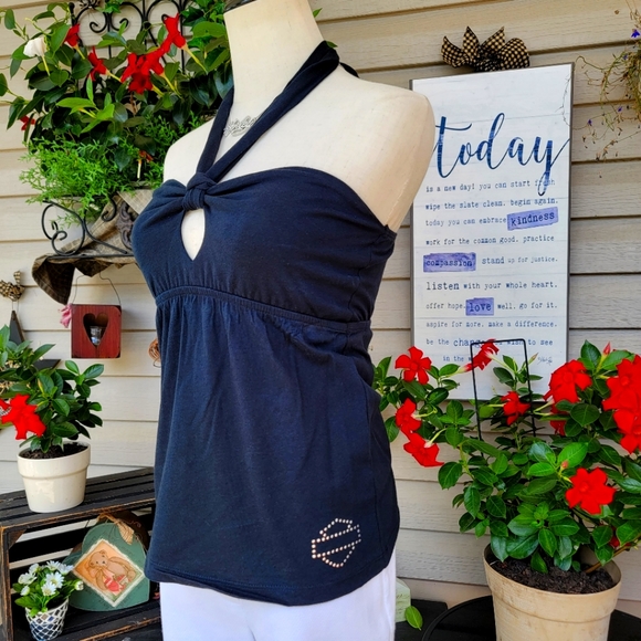 HARLEY-DAVIDSON ♡ NWOT Sweet Sexy Black Silver Studded Tie Back H-D Halter Top S - Picture 17 of 17